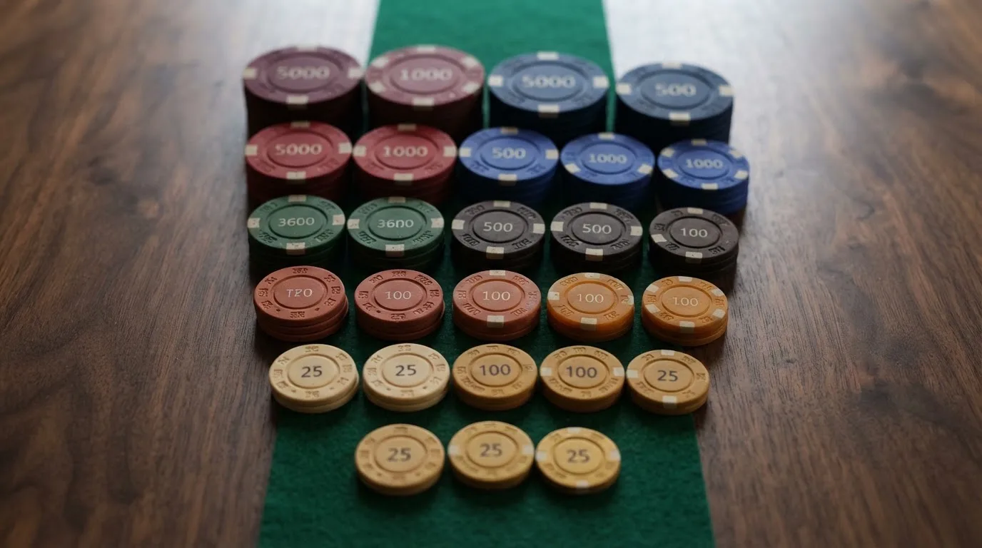 Flera rader av spelmarker i fallande storleksordning står uppställda på ett bord fotograferat snett ovanifrån.
